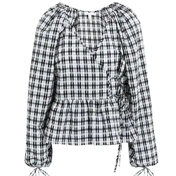TOPSOP Blouses shirt wrap black white tie v-neck long sleeves plaid boho 10 NWT - Picture 3 of 4